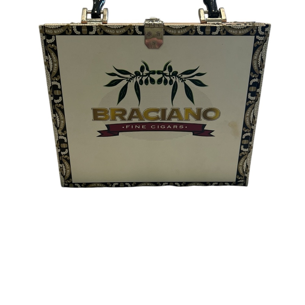 Red hat ladies cigar box tote with latch hook and gingham pattern inside. - Picture 2 of 6